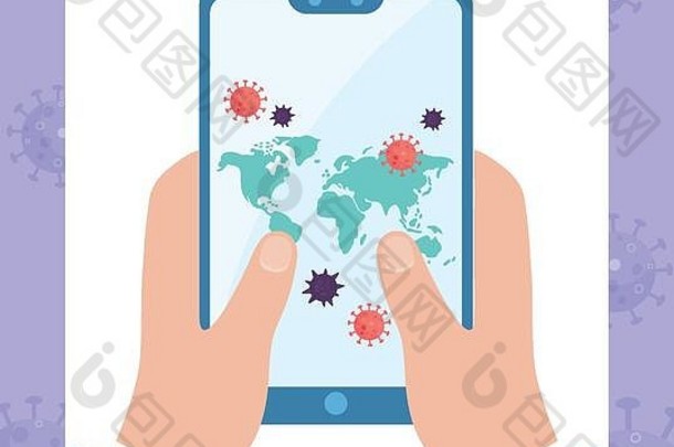 在线健康，手与感染的智能手机冠状病毒19型载体插图