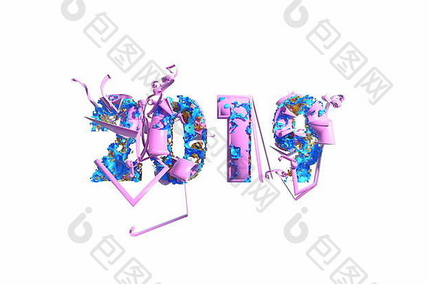 “欢乐新年”横幅，2019年流行粉色数字，由塑料和有机马特白色背景制成。抽象三维插图