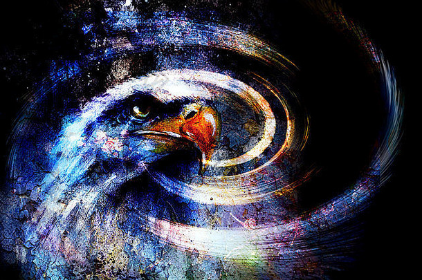 在抽象的背景上画鹰，以裂纹结构象征自由。