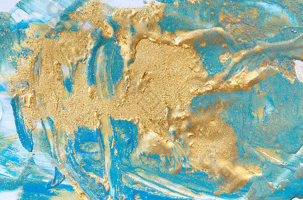 蓝色和金色液体纹理。手绘大理石花纹背景。水墨大理石抽象图案