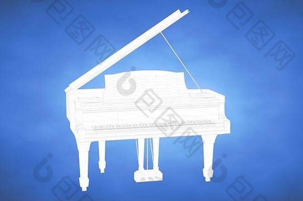 蓝色工作室内钢琴的轮廓3d渲染