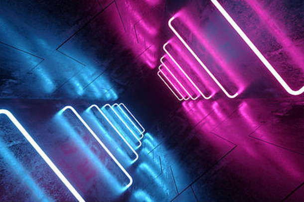 网络科幻未来主义现代复古霓虹灯在黑暗的空垃圾反射混凝土走廊背景舞蹈俱乐部中闪烁蓝紫色粉色管灯