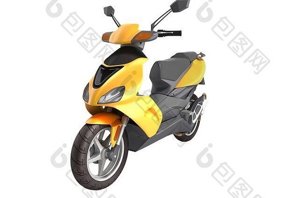 黄色轻便摩托车运输轮3d渲染，白色无阴影