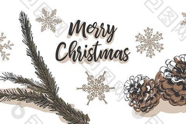 带有装饰圣诞树、松果和冰晶图案的圣诞问候语-手绘复古外观-适用于水平圣诞卡