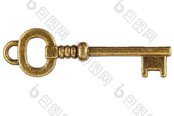 青铜钥匙，用于设计的装饰元素，在白色背景上隔离