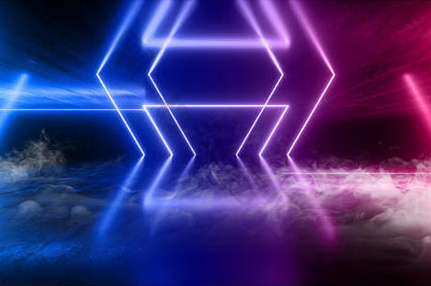 烟雾科幻现代未来主义霓虹灯紫蓝色发光混凝土柱圆形技术示意图芯片纹理反射黑暗隧道Roo