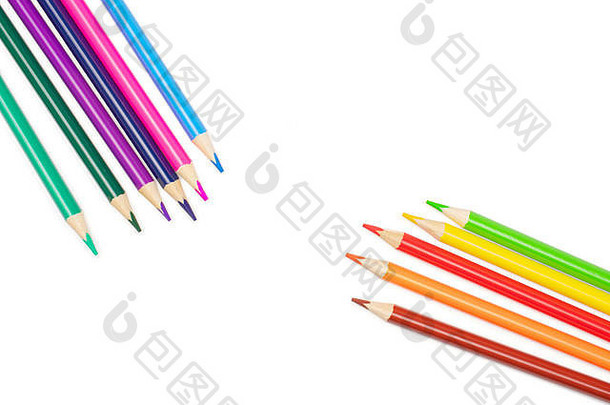 一组11只全彩色铅笔，在白色背景上隔离冷暖伽马平板