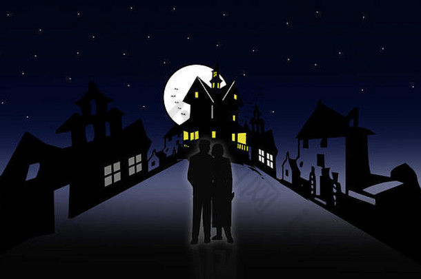 插图情人走万圣节晚上夫妇令人毛骨悚然的闹鬼的地方冒险风景夫妇爱走完整的月亮晚上
