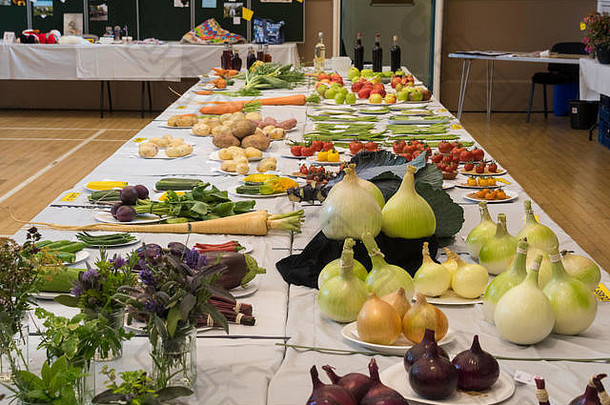 在英国西约克郡码头举行的“园丁秀”上，各种各样的新鲜水果和蔬菜陈列在桌子上。