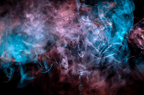 深色背景上五颜六色的霓虹灯烟雾图案，颜色从蓝色过渡到紫色，带有白色星尘颗粒和薄火焰。