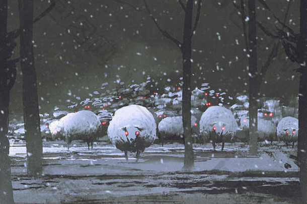 晚上场景群恶魔羊冬天景观数字艺术风格插图绘画