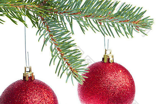 红色圣诞球悬挂在白色背景上的树上