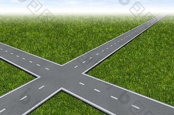 十字路口决策困境——两条道路的交叉是艰难财务选择的商业象征，决定在绿草盛夏的环境中选择通往成功和财富的最佳道路。