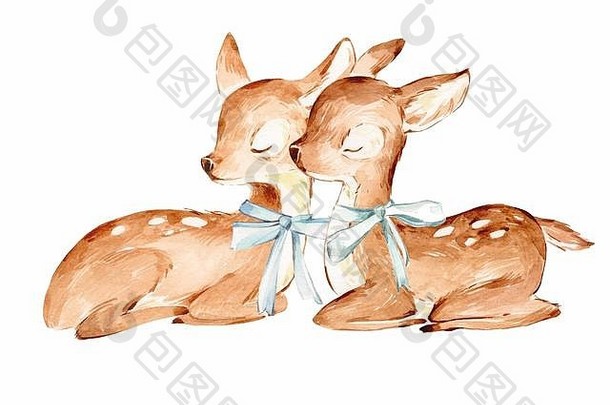 一对白色的水彩画小鹿。戴着蓝丝带的睡着的小鹿。偏远的