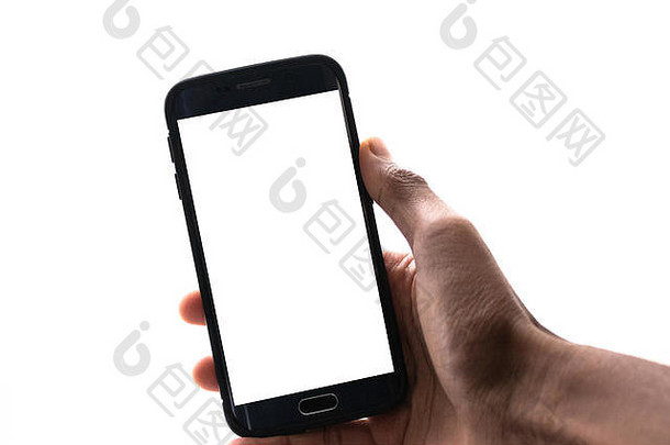 男人。手持有黑色的智能手机大空白屏幕现代框架设计孤立的白色背景的角度位置图像