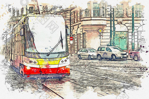 水彩草图插图有轨电车移动街布拉格捷克共和国