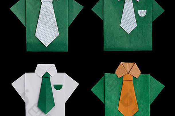 一套纸做的绿白相间的衬衫。。折纸风格