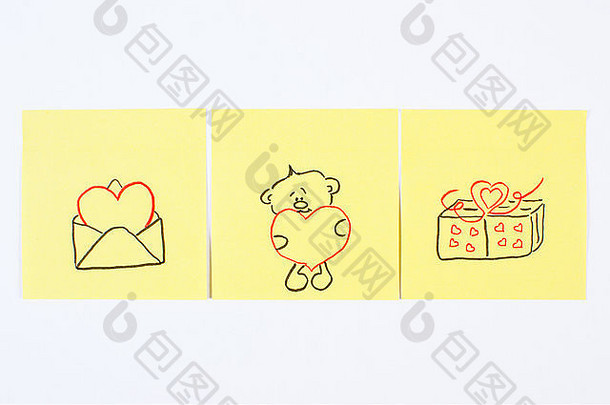 白色背景上的黄色纸上的情人节象征，爱的象征