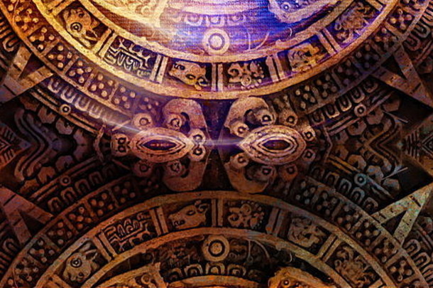 古老的玛雅日历摘要颜色背景电脑拼贴画