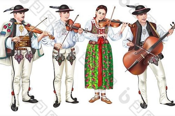 传统的扎克帕内民间四人乐队，身穿波德海尔服装，演奏小提琴。波兰小波兰高地人详细的插图，白色隔离。