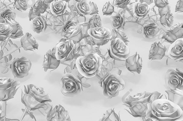 玫瑰丛成束的白色3d抽象插图，水平