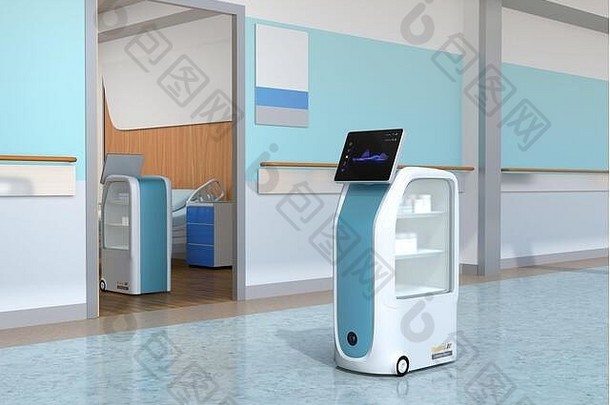 在医院工作的医疗运送机器人。感染预防概念。三维渲染图像。