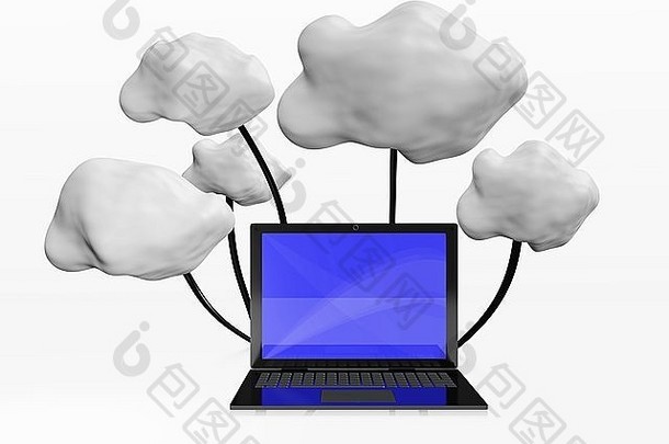 云计算概念描述为连接到云的笔记本电脑的3D插图。这适用于云com