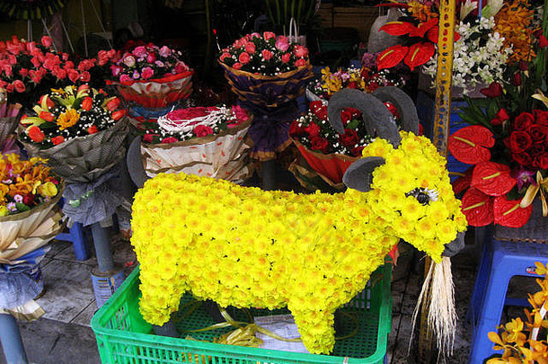 山羊组成黄色的杏花西贡中国人市场代表一年山羊