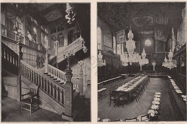 杂货店大厅的楼梯；美世礼堂制服会议。伦敦1896年印刷品