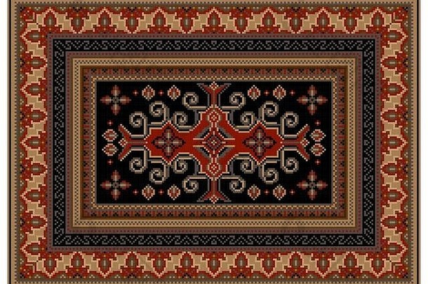 奢华的杂色地毯，带有民族装饰，中间有黑案