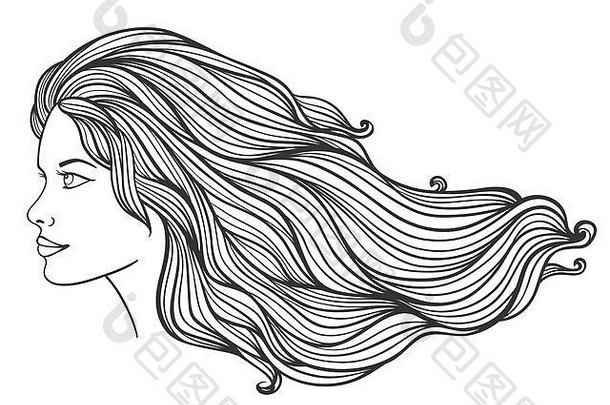美丽的年轻女孩，白色背景，长卷发。手绘插图。