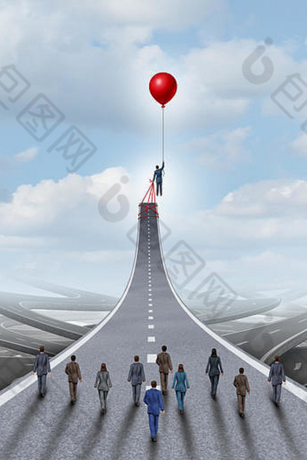 雄心壮志概念和商业成功管理和团队经理象征作为一个商人举起一个气球作为一个领导隐喻与三维插图元素的道路。