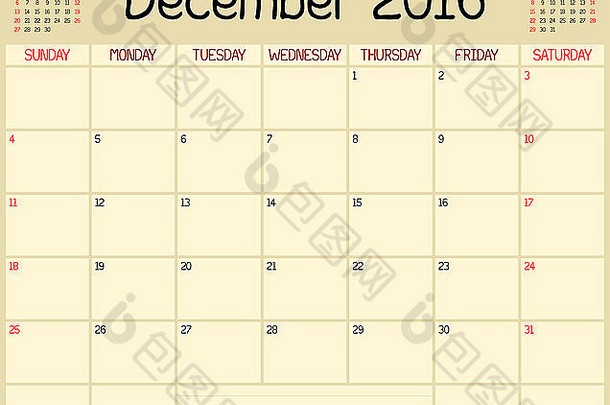 2016年12月的<strong>月度</strong>计划日历。使用自定义手写样式。