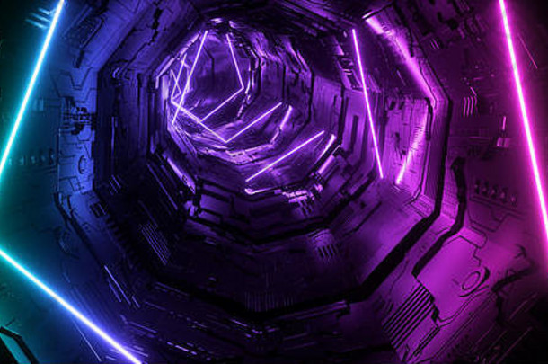 霓虹灯光紫色的蓝色的超五角三角形详细的sci未来主义的外星人宇宙飞船反光金属走廊隧道门空发光的后台