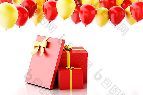 渲染器插图生日礼物盒子红色的黄色的气球孤立的白色背景