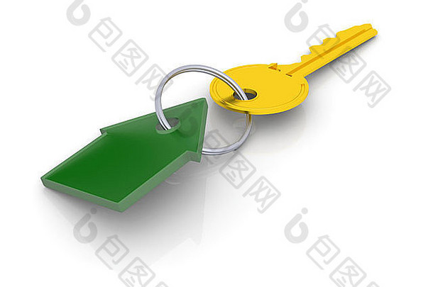 房子形状的带绿色标签的金钥匙