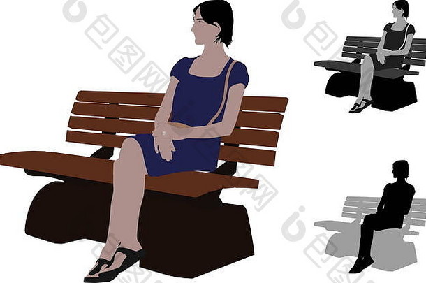 坐在公园长椅上的休闲女郎