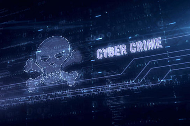 带有骷髅符号的网络犯罪蓝色全息图3d动画。网络攻击、网络犯罪、盗窃、欺诈和数字盗版的未来概念