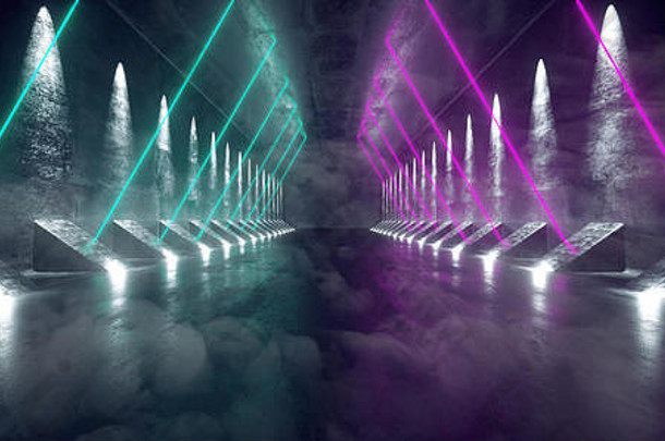烟雾缭绕、黑暗科幻小说般空旷的现代未来主义太空船<strong>隧道</strong>走廊，带有粗糙的反光混凝土纹理和蓝紫色霓虹灯发光三角形