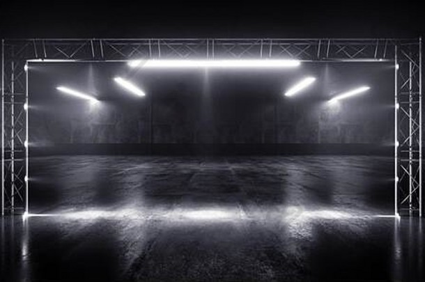 霓虹灯发光舞台白色激光荧光复古现代科幻水泥俱乐部舞蹈时尚T台黑暗夜晚Grunge 3D渲染插图