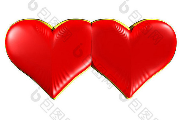 在白色背景上分离出两颗红色的心，金色镶边。请看一些类似的图片从我的投资组合