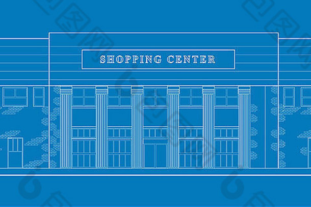 在蓝色背景上从正面观看的带状购物中心或购物中心建筑的线条图插图