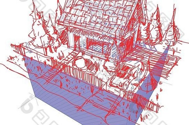 带围栏、树木和汽车的简单独立房屋的手绘草图框架结构图的3d插图