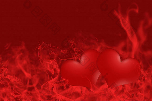 两颗心在图片底部的红色烟雾中摆出姿势。画布上的<strong>一切</strong>纹理。