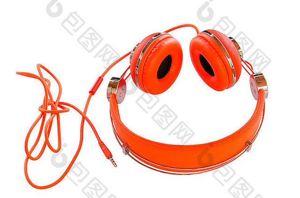 明亮的彩色的橙色耳机孤立的白色背景