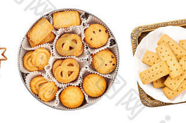 一套独立的圣诞饼干。德国Zimtsterne、肉桂星饼干、丹麦黄油饼干和英国短面包，从顶部拍摄