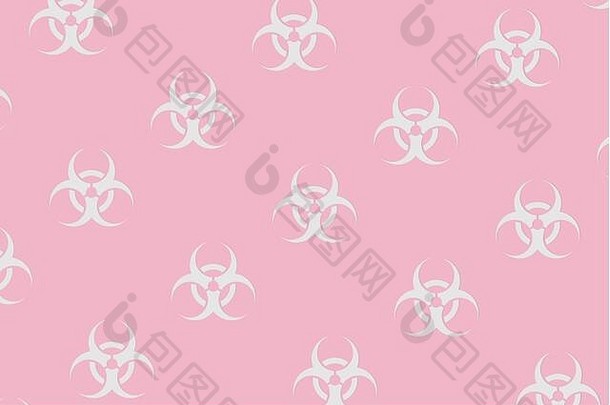 浅灰色生物危害符号的背景图案为淡粉色。新病毒感染，大流行恐慌。