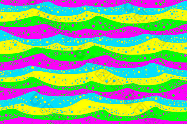 荧光粉色、绿色、黄色和蓝色波浪和圆点-可以创建无缝墙纸。