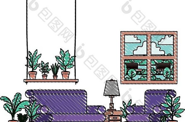 有室内植物和窗户的客厅