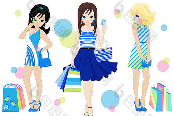 三个带购物袋的时尚购物女孩